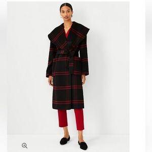 ANN TAYLOR Black Red Plaid Wool Shawl Collar Wrap Coat Petite Small PS SP $295